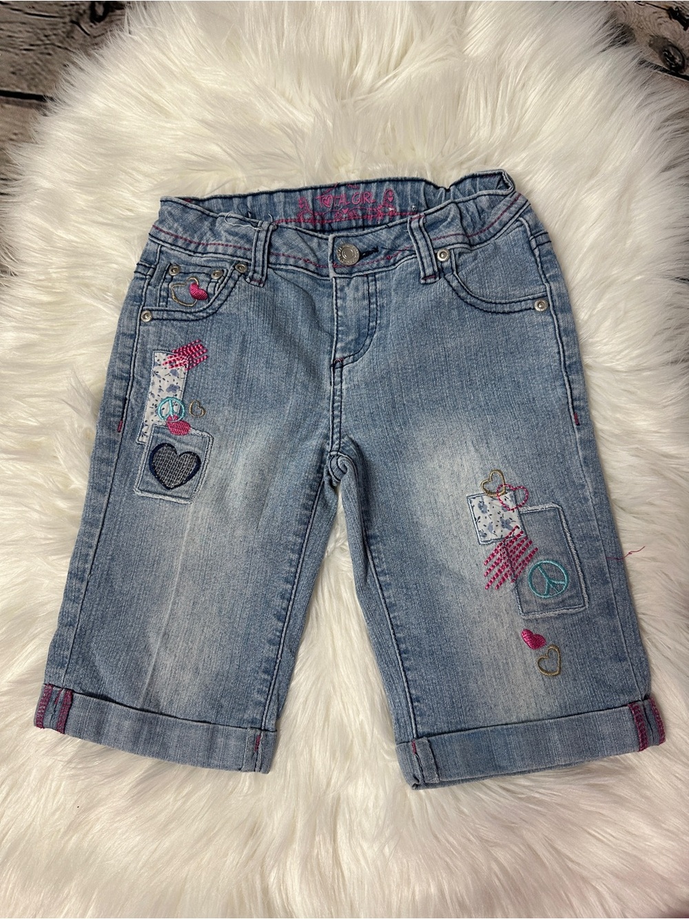 total girl Light Wash Denim Shorts with Pink & Teal Embroidery